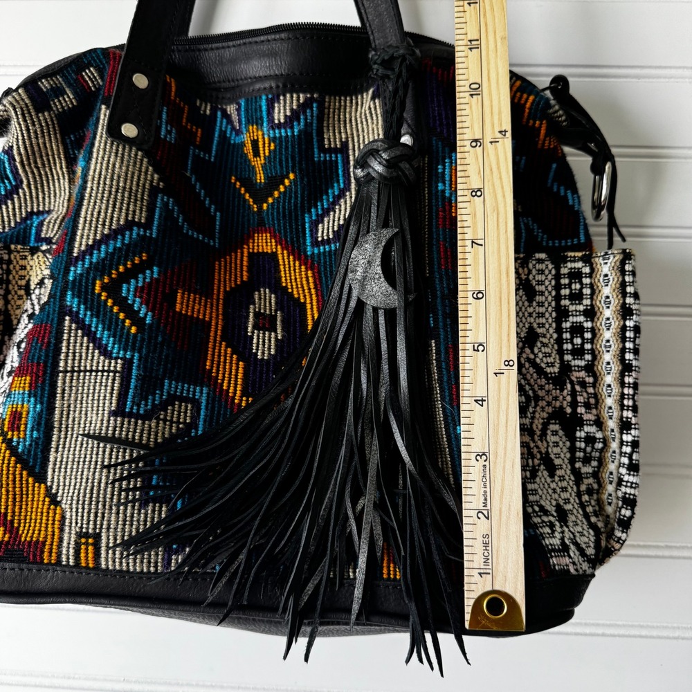 Maria's Artisan Shop Boho Tribal Woven Leather Tote Bag Fringe Backpack - Picture 8 of 14